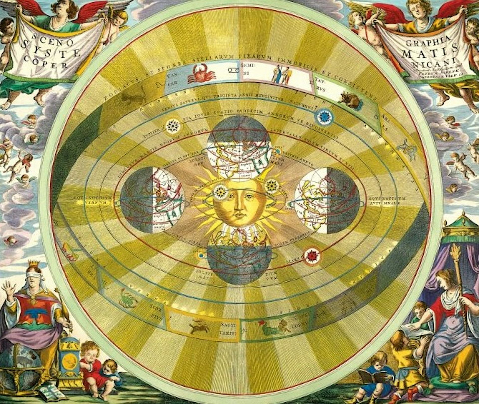 太阳被四颗不同颜色的月亮包围着，月亮周围还有 12 幅图画，其中包括螃蟹、公牛和蝎子。